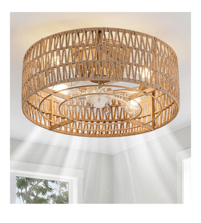 Boho Caged Flush Mount Ceiling Fan with Lights and Remote Control Hand Woven Rattan Chandelier with 6 Speeds Reversible and Timer Enclosed Design for Living Room, Bedroom, or Dining Room (New in Box) (Gold)