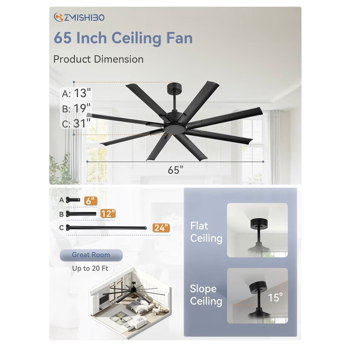 65 Inch No Light Large Industrial Ceiling Fan with 8 Aluminum Blades, Quiet DC Motor, 6 Speeds, Modern Ceiling Fan without Light for Garage/Shop/Living Room (Black) (New in Box)