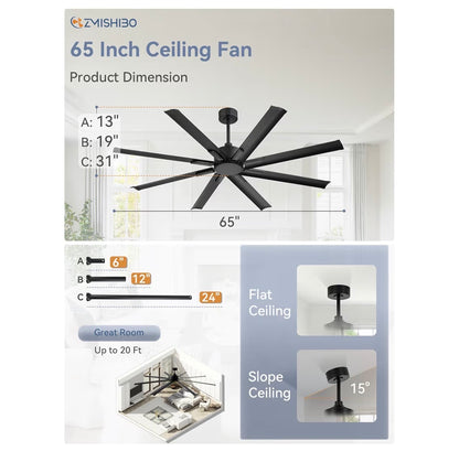 65 Inch No Light Large Industrial Ceiling Fan with 8 Aluminum Blades, Quiet DC Motor, 6 Speeds, Modern Ceiling Fan without Light for Garage/Shop/Living Room (Black) (New in Box)