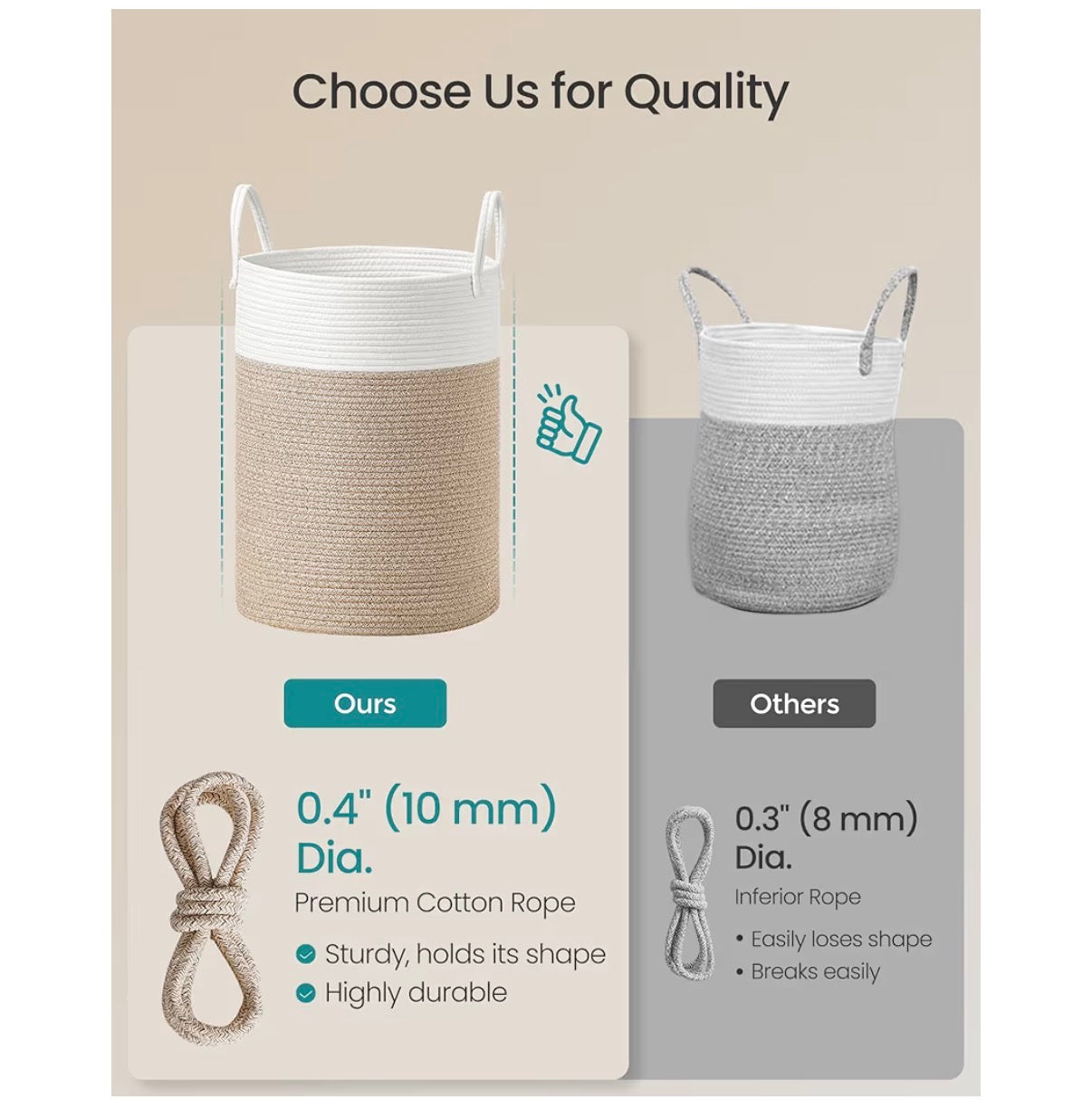 SONGMICS Laundry Hamper, Cotton Rope Laundry Basket with Handles (White/Brown) (New)