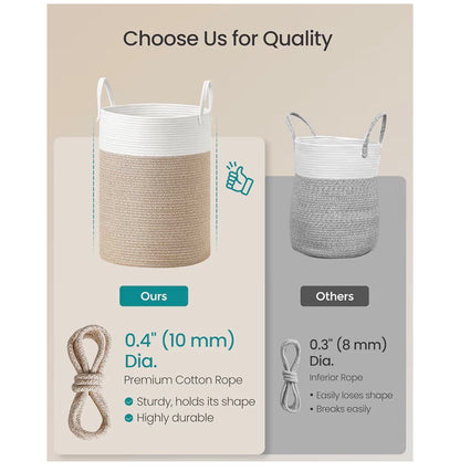 SONGMICS Laundry Hamper, Cotton Rope Laundry Basket with Handles (White/Brown) (New)