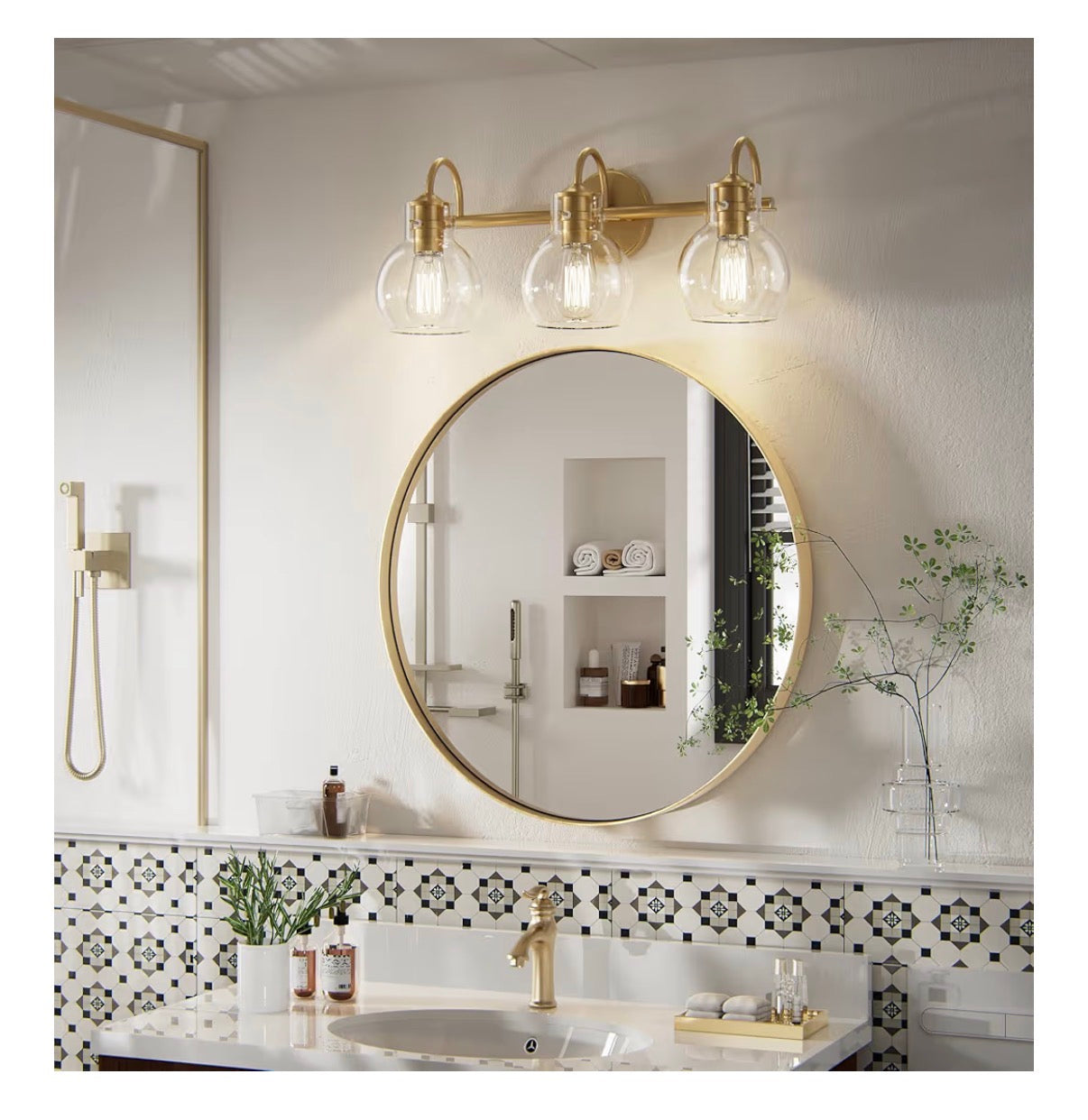 Primeplus Gold Vanity Light 3 Light Bathroom Light Fixtures, Modern Bathroom Vanity Lights Fixtures Over Mirror with Clear Gloe Glass Shade, Gold Wall Sconces for Bathroom Hallway E26 Base