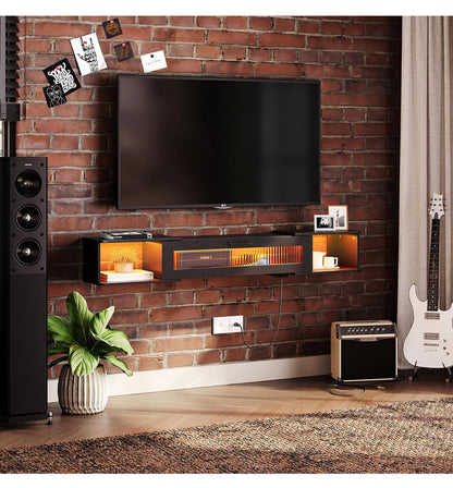 Floating Tv Stand with LED Light Power Outlet for TVs Up to 65 Inch Wall mounted TV Shelf, Modern Media Console Entertainment Center Under TV, for Living Room Bedroom (Black) (New in Box)