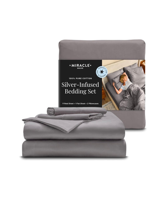 Miracle Made Breathable Cotton Bed Sheets, 4 Piece Set Silver Treated, Soft and Cool to the Touch Lightweight Bedding Designed for Hot Sleepers Queen Size (Stone) (New in Box)