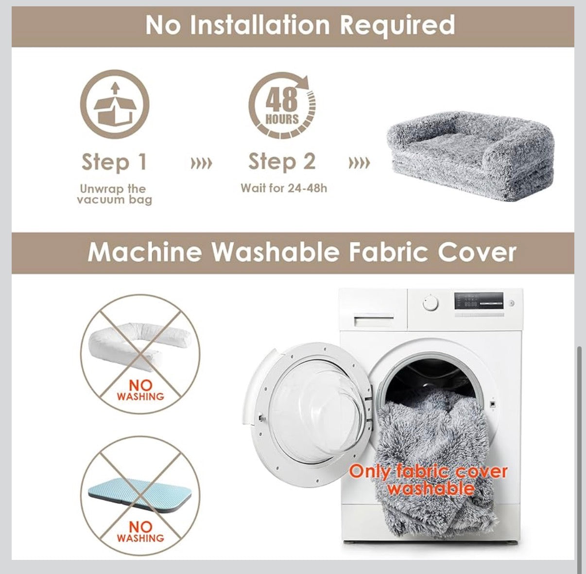 Foldable XL Dog Bed 46 Inch X 34 Inch X 6.5 Inch Faux Fur Fluffy Pet Couch Bed for Large Dogs, Orthopedic Calming Memory Foam Big Pet Bed, Washable Soft Pet Sofa Bed with Non-Slip Bottom (Gray) (New in Box)