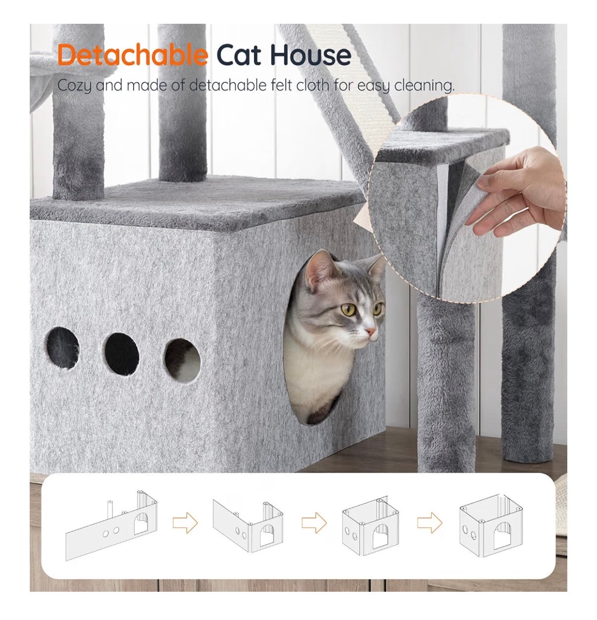 Double Litter Box Enclosure with Cat Tree, 45.3 Inch Length X 17.7 Inch Width X 68.9 Inch Height All in One Modern Cat Tower with Bed, Hidden Litter Box Enclosure Furniture, with Hammock (Geige) (New in Box)
