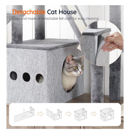 Double Litter Box Enclosure with Cat Tree, 45.3 Inch Length X 17.7 Inch Width X 68.9 Inch Height All in One Modern Cat Tower with Bed, Hidden Litter Box Enclosure Furniture, with Hammock (Geige) (New in Box)