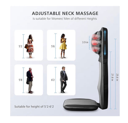 Snailax Shiatsu Neck & Back Massager with Heat, Full Back Kneading Shiatsu or Rolling Massage, Massage Chair Pad with Height Adjustment, Back Massager for Neck and Shoulder (New in Box)