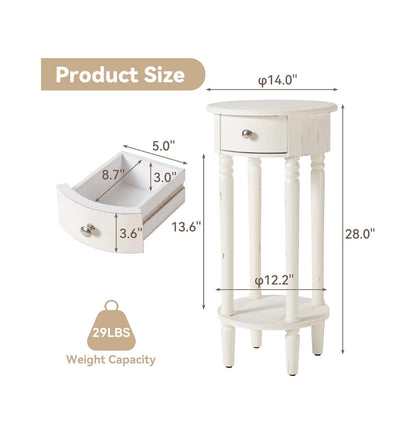 COSIEST Tall Nightstand with Drawer, Tall Side Table, 2 Tier Round End Table for Living Room, 28 Inch Accent Table for Corners (White) (New in Box)