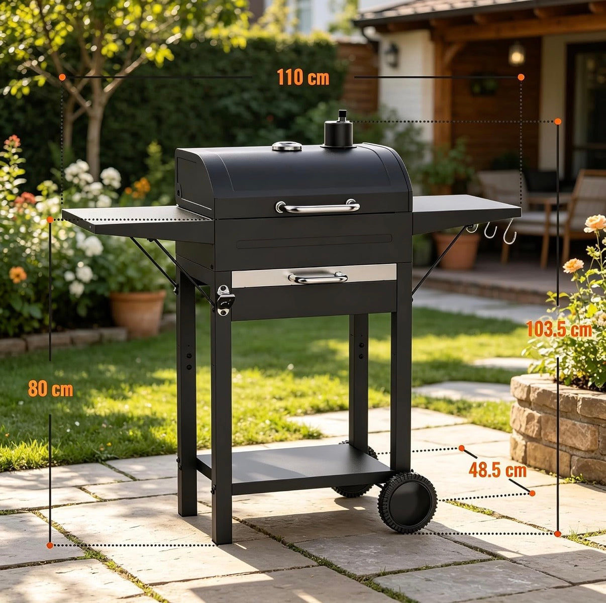 Charcoal BBQ Grill - Black with 2 side tables, charcoal tray, thermometer for backyard outdoor cooking