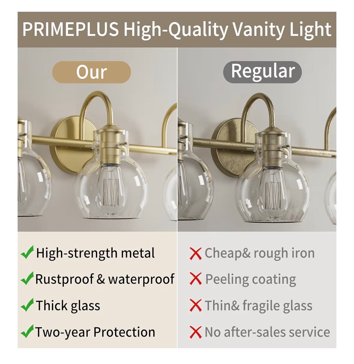 Primeplus Gold Vanity Light 3 Light Bathroom Light Fixtures, Modern Bathroom Vanity Lights Fixtures Over Mirror with Clear Gloe Glass Shade, Gold Wall Sconces for Bathroom Hallway E26 Base
