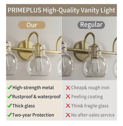Primeplus Gold Vanity Light 3 Light Bathroom Light Fixtures, Modern Bathroom Vanity Lights Fixtures Over Mirror with Clear Gloe Glass Shade, Gold Wall Sconces for Bathroom Hallway E26 Base