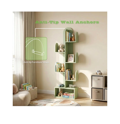 Cactus Tree Bookshelf, 5 Tier Wood 50 Inch Tall Storage Rack for CDs, Movies, Books, Small Space Saving Organizer Shelves for Living Room, Bedroom, Home, Office (Mist Green) (New in Box)