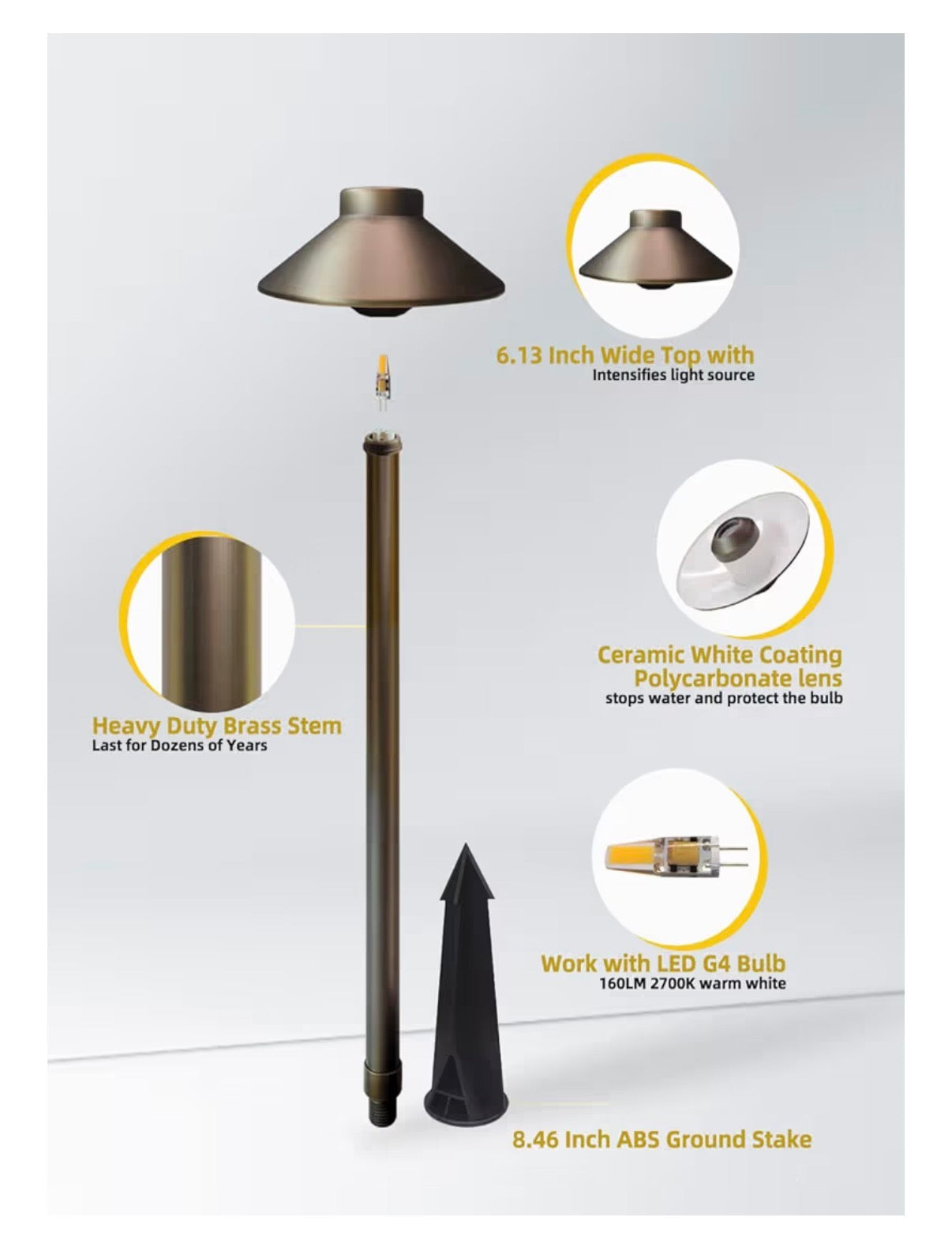 Brass Low Voltage Pathway Lights Wired 4-Pack with 3W LED G4 Bulb, 12V Waterproof Outdoor Path Lighting for Yard, Patio, Landscape, Planter, Walkway (Bronze) (New in Box)