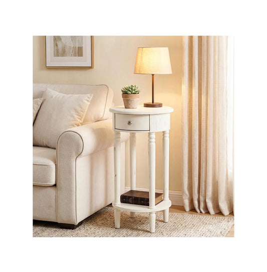 COSIEST Tall Nightstand with Drawer, Tall Side Table, 2 Tier Round End Table for Living Room, 28 Inch Accent Table for Corners (White) (New in Box)