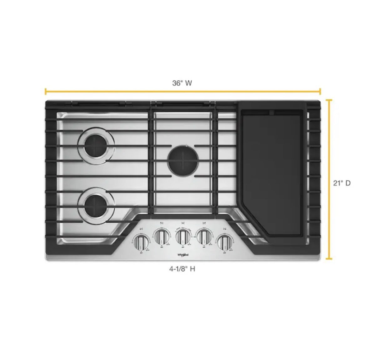 Whirlpool- 36 inch 5 Burner Stainless Steel Gas Cooktop (griddle included)