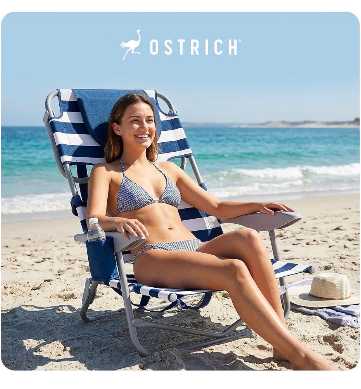Ostrich The Heavy Duty Backpacker, Portable Beach Chair with Face Hole Adjustable Lounge Chair with Cup Holder 325lb Capacity (Blue Stripes) (New in Box)