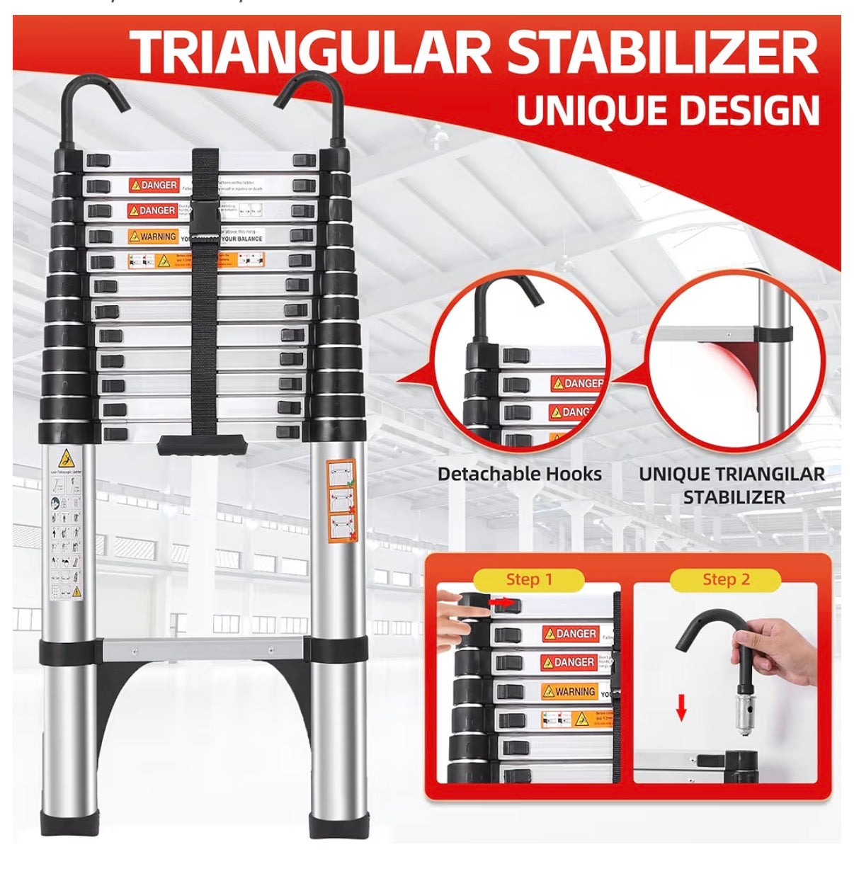 16.5 ft Telescoping Ladder, Lightweight Extension Ladder with 2 Triangle Stabilizers & 2 Hooks, Dual Locking Mechanism Design Collapsible Telescopic Ladder for Home, Outdoor, RVs (New in Box)