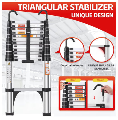 16.5 ft Telescoping Ladder, Lightweight Extension Ladder with 2 Triangle Stabilizers & 2 Hooks, Dual Locking Mechanism Design Collapsible Telescopic Ladder for Home, Outdoor, RVs (New in Box)