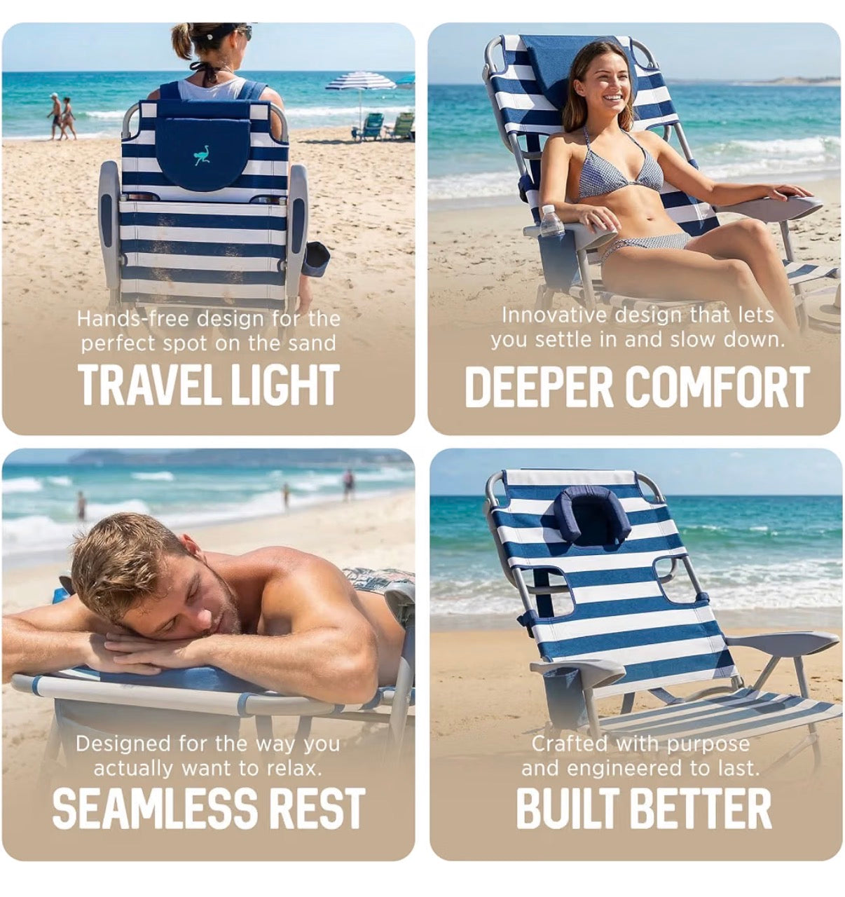 Ostrich The Heavy Duty Backpacker, Portable Beach Chair with Face Hole Adjustable Lounge Chair with Cup Holder 325lb Capacity (Blue Stripes) (New in Box)