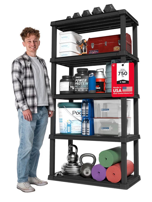 IRIS 5 Shelf Heavy Duty Plastic Storage Shelves, 750lbs Capacity, 73 Inches High X 36 Inches Wide X 18 Inches Deep, Large Modular Shelving Unit Storage Organizer for Garage, Home, Warehouse & Gym, Storage Rack (Black) (New in Box)