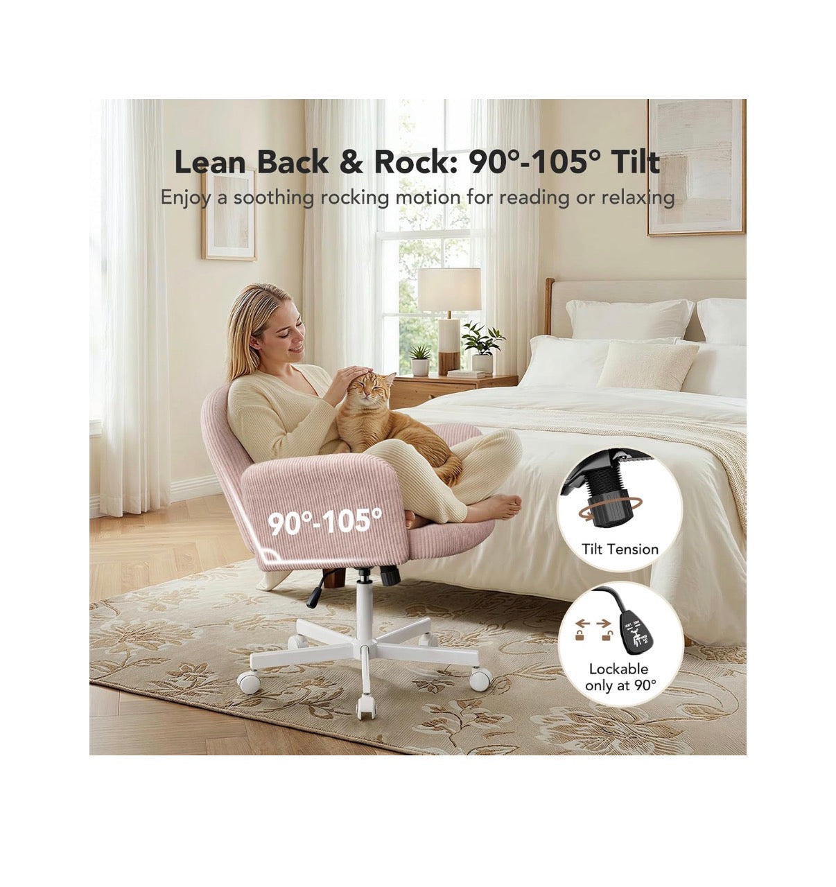 Criss Cross Office Chair, Cross Legged Desk Chair with Adjustable Armrests, Soft Corduroy Fabric for Small Spaces, Home Office Computer Chair (Pink/White) (New in Box)