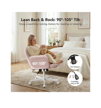 Criss Cross Office Chair, Cross Legged Desk Chair with Adjustable Armrests, Soft Corduroy Fabric for Small Spaces, Home Office Computer Chair (Pink/White) (New in Box)