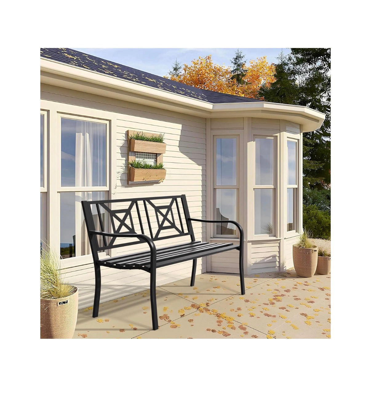 Outdoor Bench Garden Bench Patio Bench, Weatherproof Anti-Rust metal Powder Coated Frame Park Bench, for Yard & Porch & Park (New in Box)