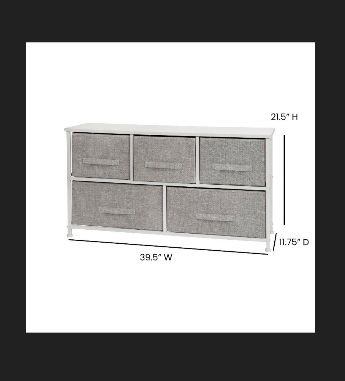Flash Furniture 5 Drawer Wood Top White Cast Iron Frame Vertical Storage Dresser with Light Gray Easy Pull Fabric Drawers