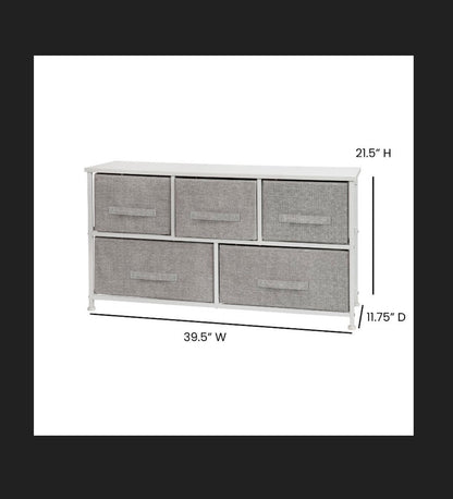 Flash Furniture 5 Drawer Wood Top White Cast Iron Frame Vertical Storage Dresser with Light Gray Easy Pull Fabric Drawers