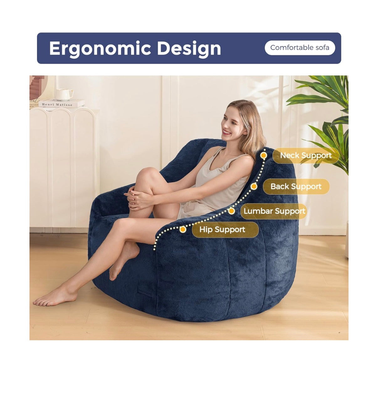MAXYOYO Bean Bag Chair, Comfy Bean Bag Sofa with Back Support Faux Fur Bean Bag Chair for Adults and Kids, Stuffed Floor Sofa for Living Room, Bedroom, Apartment (Navy) (New in Box)