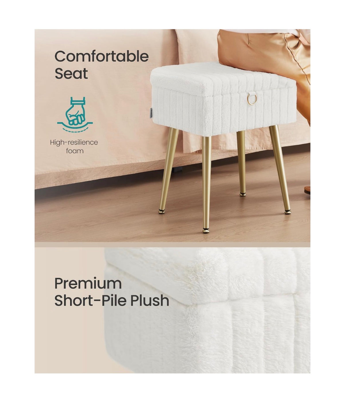 SONGMICS Vanity Stool Chair with Storage, Metal Legs, Max Load 440lbs Makeup Stool, Footrest Footstool Ottoman, for Living Room, Bedroom, Makeup Room (Cream White) (New in Box)