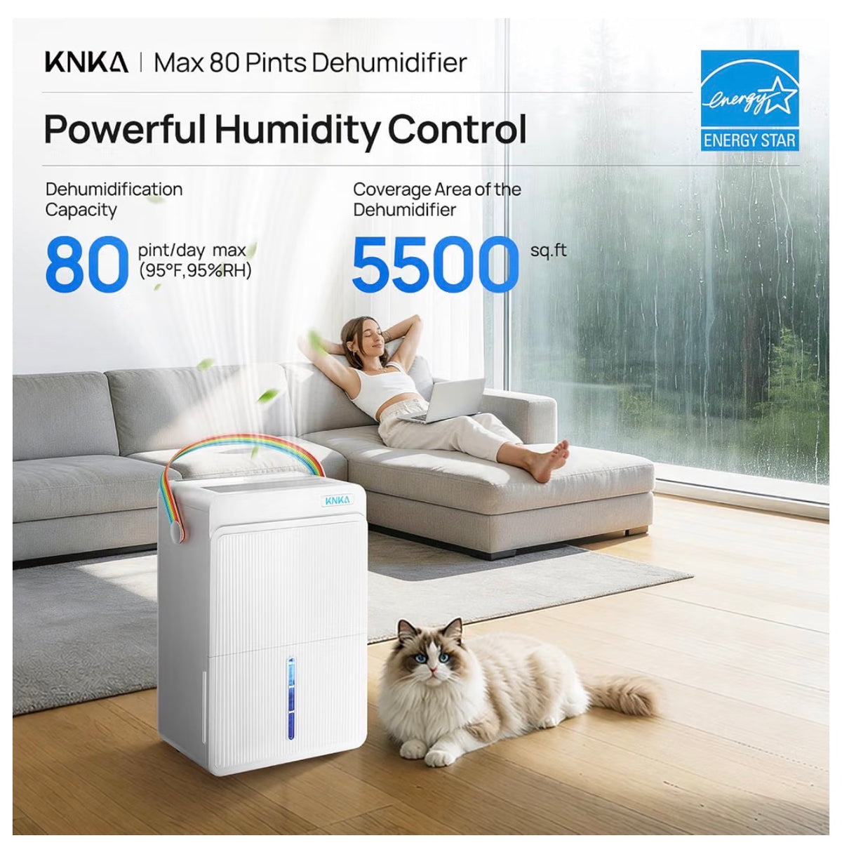 KNKA Energy Star 550 Sq.Ft. Dehumidifer for Basement, Max 80 Pint/Day Dehumidifier with Drain Hose, Dehumidifier for Home, Bedroom, Bathroom, Large Room, Smart Humidity Control, Sleep Mode (White) (New in Box)