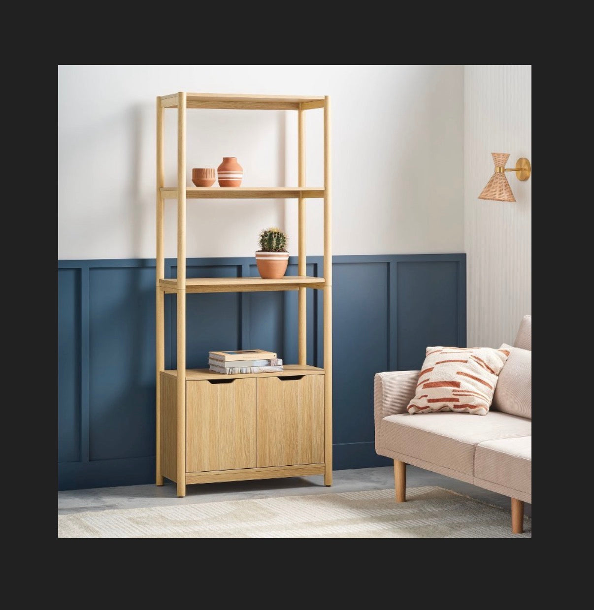 72.25 Inch Scandi Bookcase with Three Shelves and Cabinet Storage (Natural) (New in Box)
