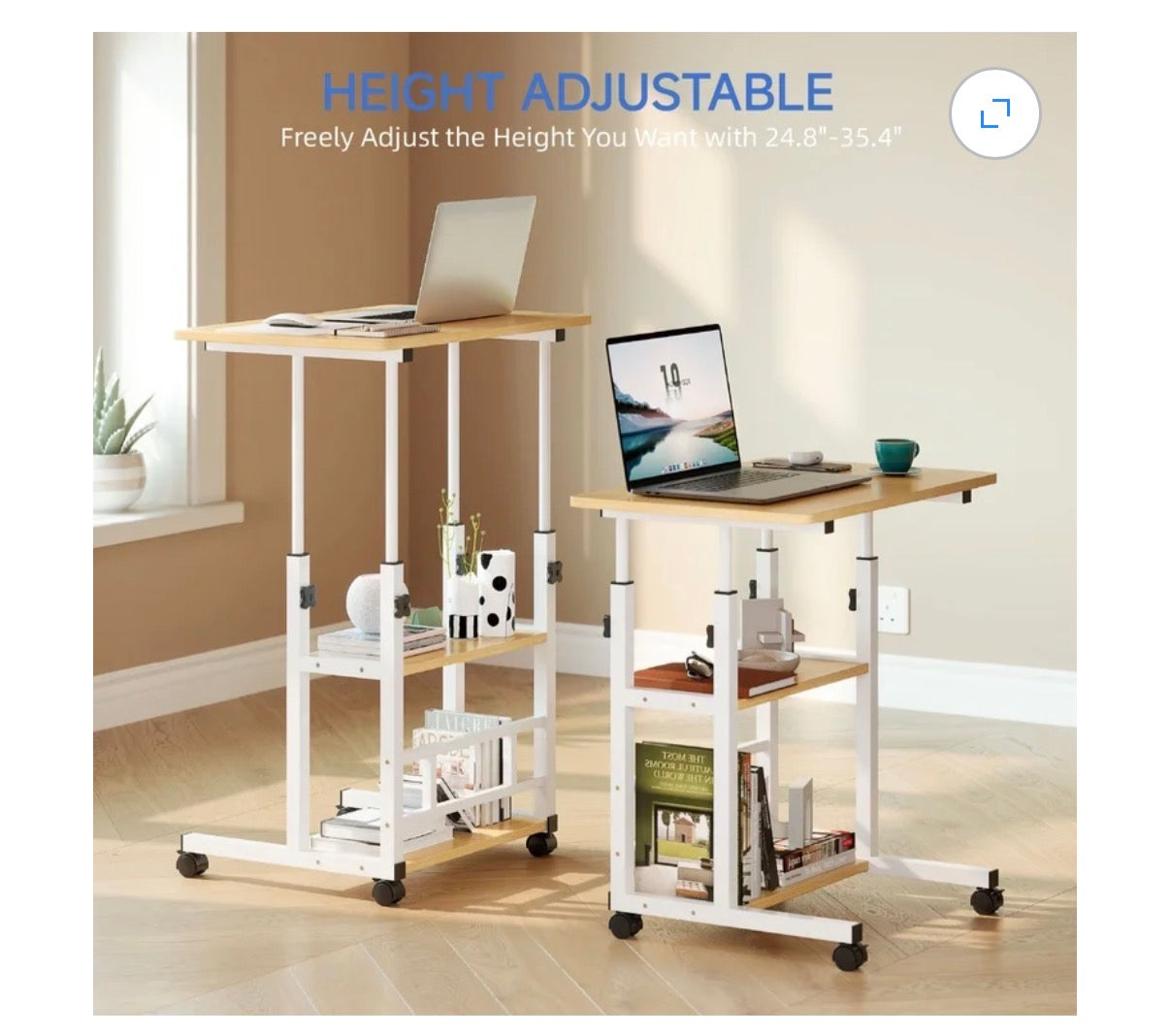 Portable rolling Desk on Wheels, Height Adjustable Desk with 2 Tier Storage Shelves, Standing Table for Office (Natural color) (New in Box)