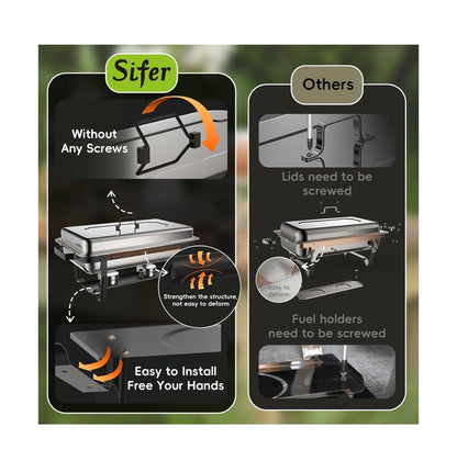 Chafing Dishes for Buffet 9 Qt 4 Pack with Multi-Size Food Pans Screwless Installation Chafing Dish Buffet Set, Foldable Handles Stacking Design, Stainless Steel for Events (New in Box)