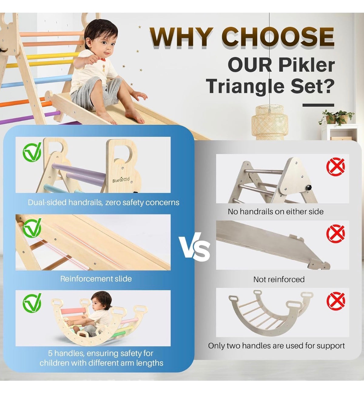 Pikler Triangle Set with Safe Handle, Climbing Toy for 1-3 Years Patented Safety Design, Foldable 7-in-1 with Wooden Car, standard Size (Rainbow) (New in Box)