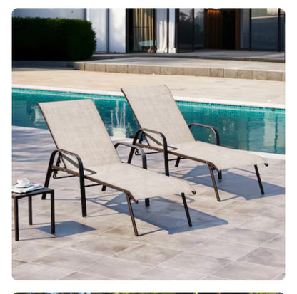 Crestlive Products Set of 2 Stackable Brown Steel Frame Stationary Chaise Lounge Chair with Beige Textilene Mesh Seat