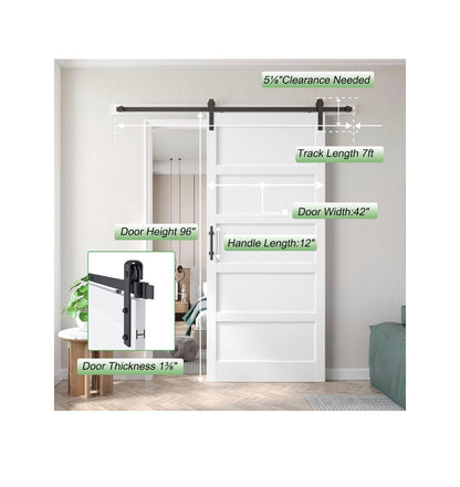 42 Inch X 96 Inch White Barn Door with 7ft Sliding Door Hardware Kit Included & Handle, MDF, Solid PVC Surface, Assembly 5 Panel (New in Box)