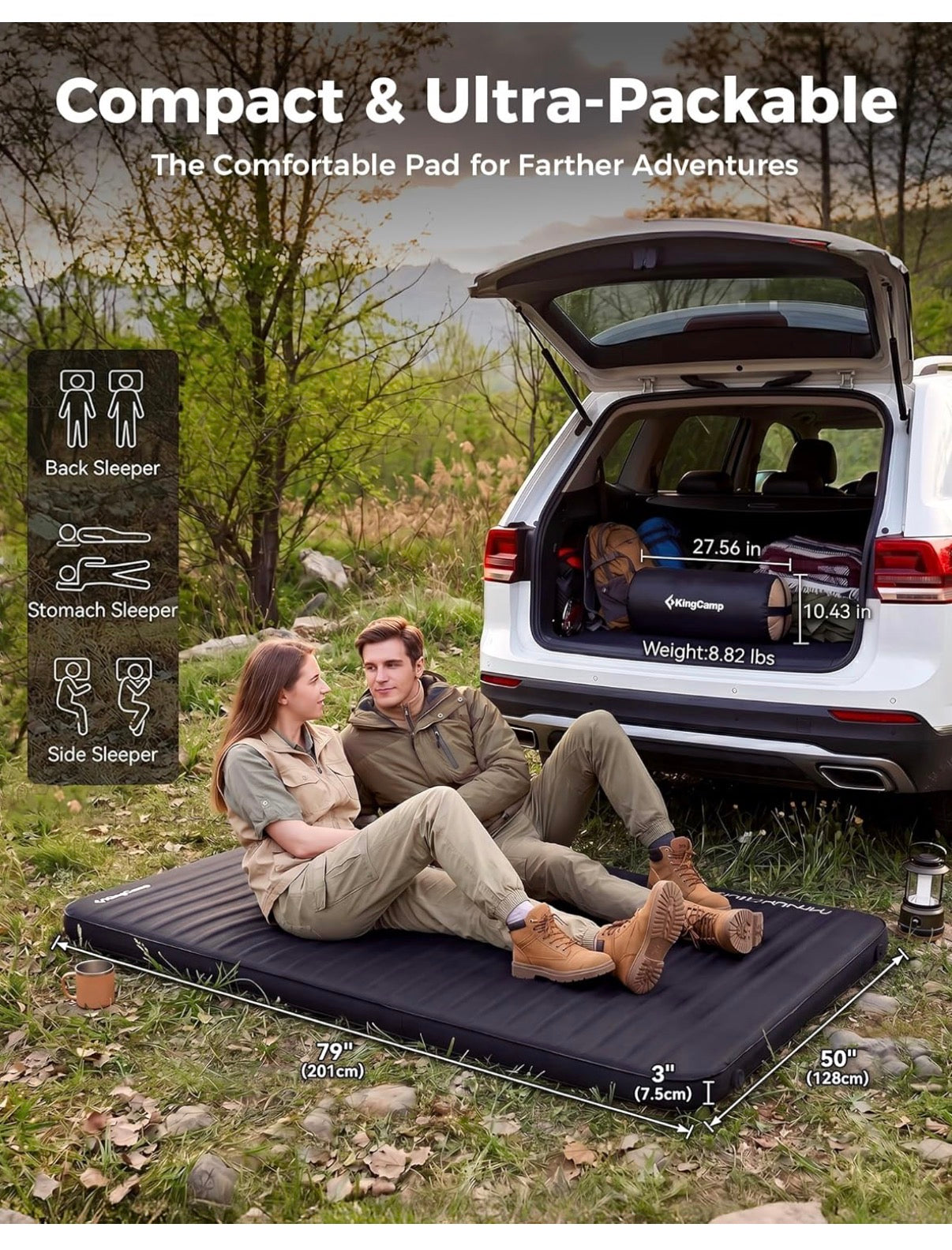 KingCamp Premium Double Self Inflating Sleeping Pad, 7.5 R-Value Air & Foam Camping Mattress 2 Person, 3 Inch thick Double Size Insulated Sleeping Pad with Pump Sack for Car Camp Tent, PVC Free (Black) (New in Package)