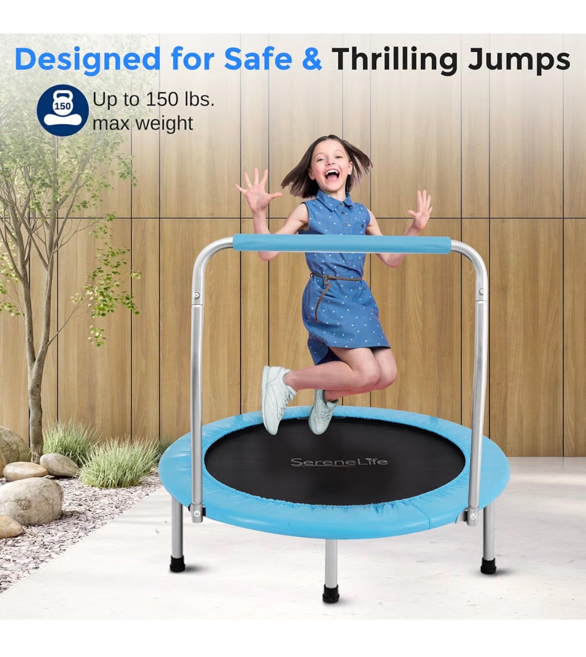 SereneLife 36 Inch Foldable Mini Trampoline for Kids Compact Fitness Rebounder with Foam Handle Safe, Stable Exercise Trampoline with 330 lbs Max Load for Indoor/Outdoor Active Play & Exercise (Light Blue) (New in Box)
