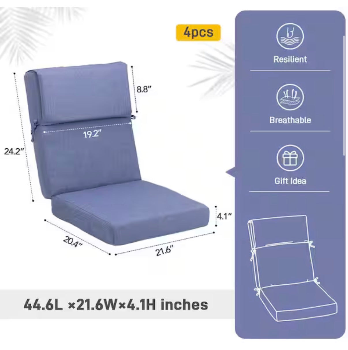 21.6 Inch X 24.2 Inch Outdoor High Back Chair Cushion with Adjustable Buckles and Ties In Dark Blue (4 Pack)