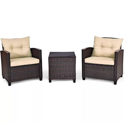 (New) 3PCS Patio Rattan Furniture Set Cushioned Conversation Set Sofa Coffee Table Beige