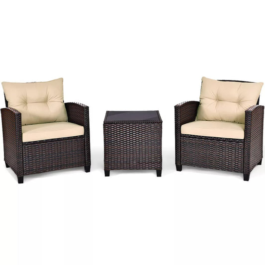 (New) 3PCS Patio Rattan Furniture Set Cushioned Conversation Set Sofa Coffee Table Beige