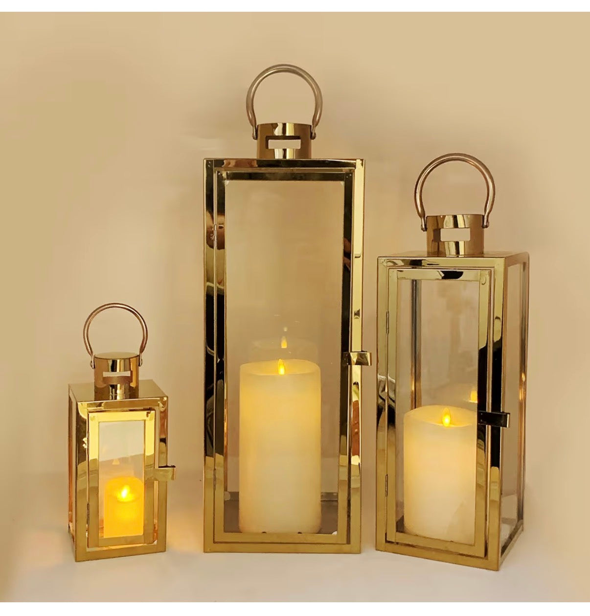 Allgala 3 Piece Lantern Set 23 Inch Jumbo Deluxe Modern Indoor/Outdoor Candle Lantern Set Stainless Steel Frame Tempered Glass Rectangular Gold Color for Garden Poolside, Fireplace, Wedding (New in Box)