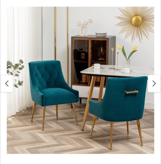 SEYNAR Modern Boucle Velvet Upholstered Accent Dining Chair Set of 2 Tufted Back Armless Chair with Golden Legs (Teal) (New)