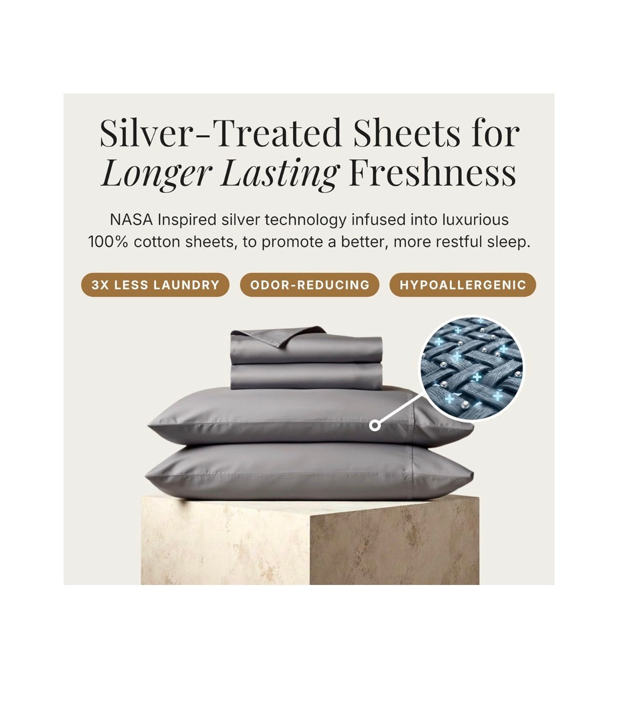 Miracle Made Breathable Cotton Bed Sheets, 4 Piece Set Silver Treated, Soft and Cool to the Touch Lightweight Bedding Designed for Hot Sleepers Queen Size (Stone) (New in Box)