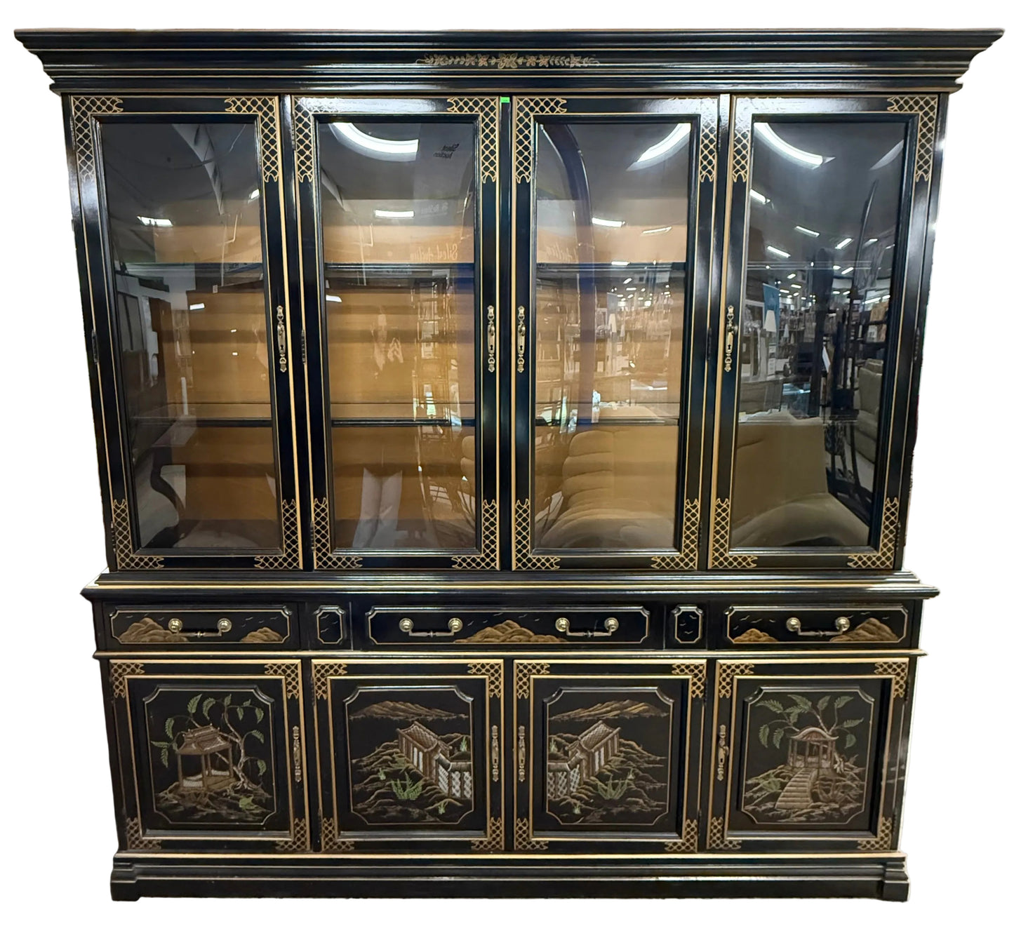 Jasper Cabinet Company Vintage Black Lacquer Chinoiserie China Cabinet