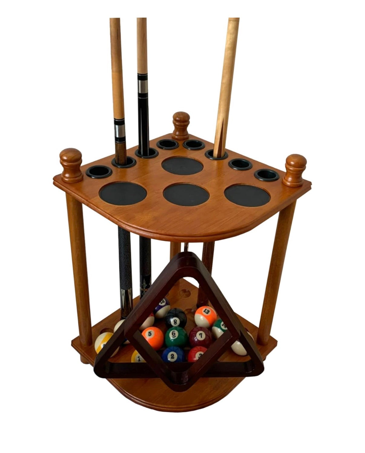 Floor pool Cue Rack Hold 8 Cue Sticks & Billard Accessories Corner Stand Pool Cue Holder Made of 100 Percent Solid Hardwood Provided Ball Rack Hook Cue Rack Only (Classic Oak) (New in Box; Needs to be Assembled)
