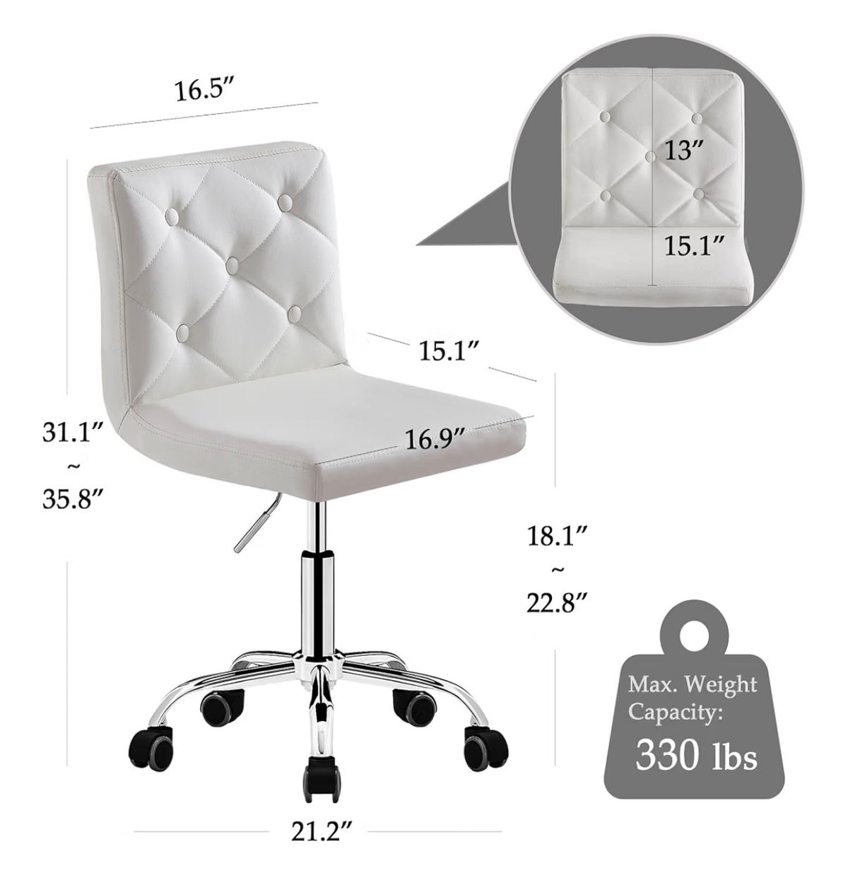 VECELO PU Leather Mid-Back Armless Vanity Chair Adjustable Height 360 Degree Rolling Swivel for Home, Office, Work (White) (New in Box)